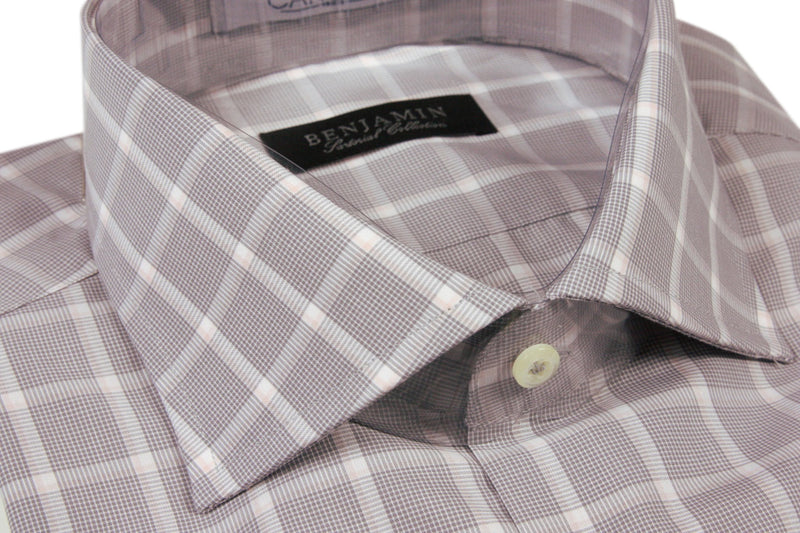 Benjamin Dress Shirt: Grey with white & soft peach plaid, medium spread collar, pure cotton