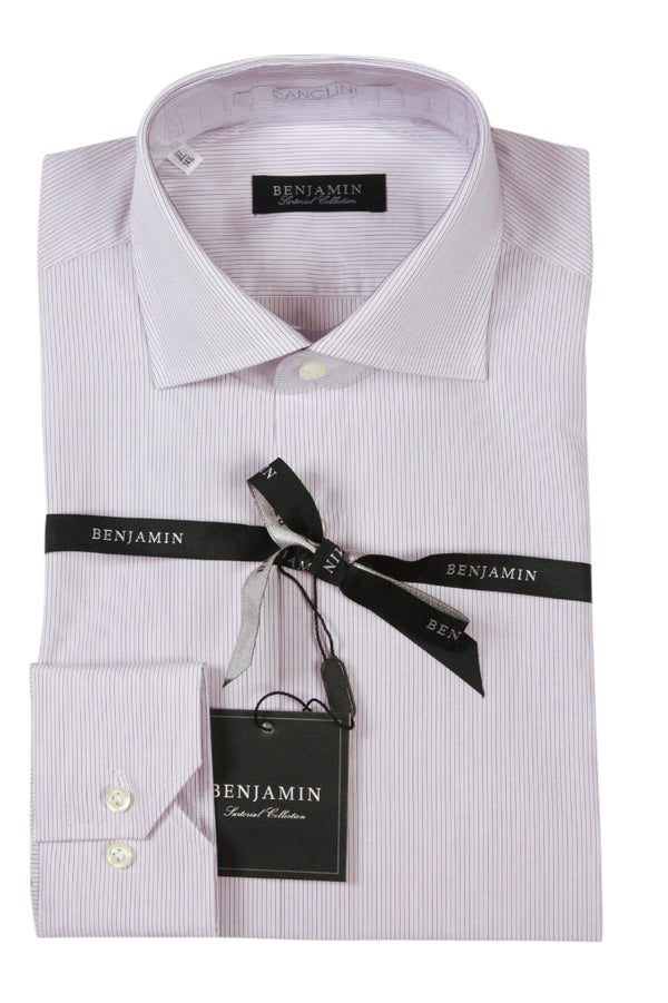 Benjamin Dress Shirt: White with pink & blue hairline stripes, medium spread collar, pure cotton