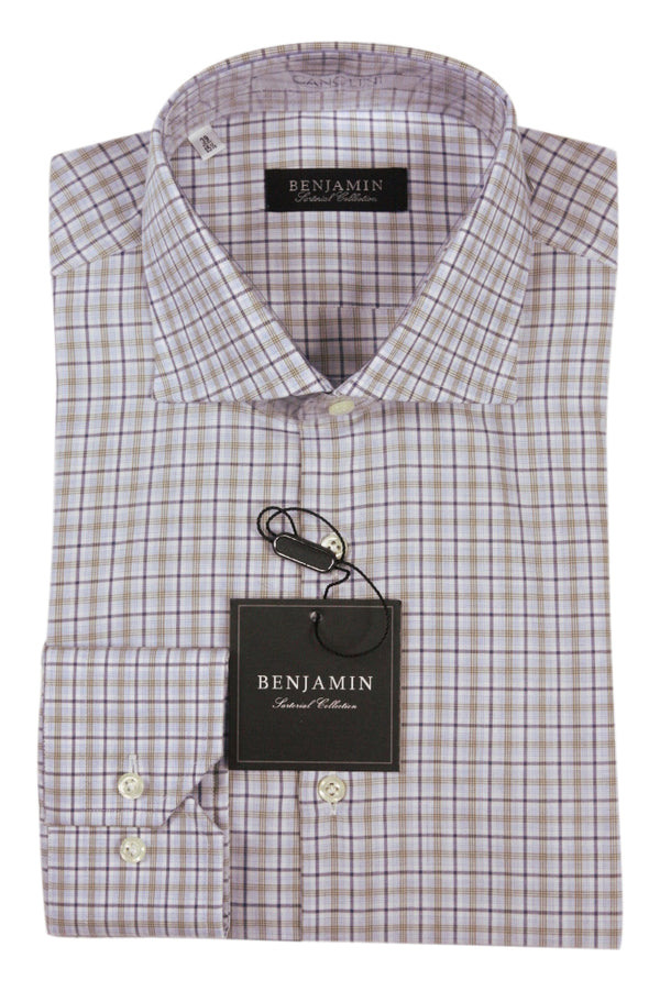 Benjamin Dress Shirt: White with blue & olive plaid, medium spread collar, pure cotton