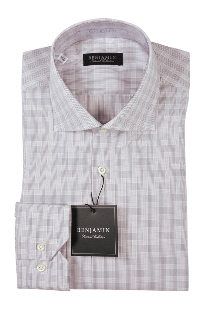 Benjamin Dress Shirt: White with pale grey plaid, medium spread collar, pure cotton