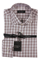 Benjamin Dress Shirt: White & brown plaid, medium spread collar, pure cotton