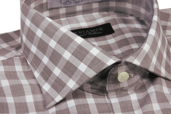 Benjamin Dress Shirt: White & brown plaid, medium spread collar, pure cotton