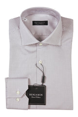Benjamin Dress Shirt: White & taupe-grey gingham check, medium spread collar, pure cotton