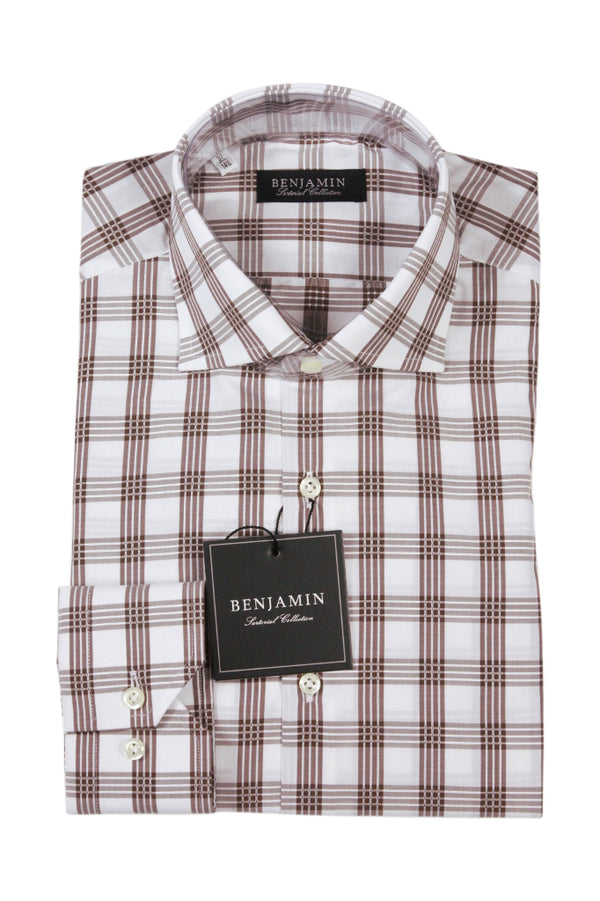 Benjamin Dress Shirt: White with brown plaid, medium spread collar, pure cotton