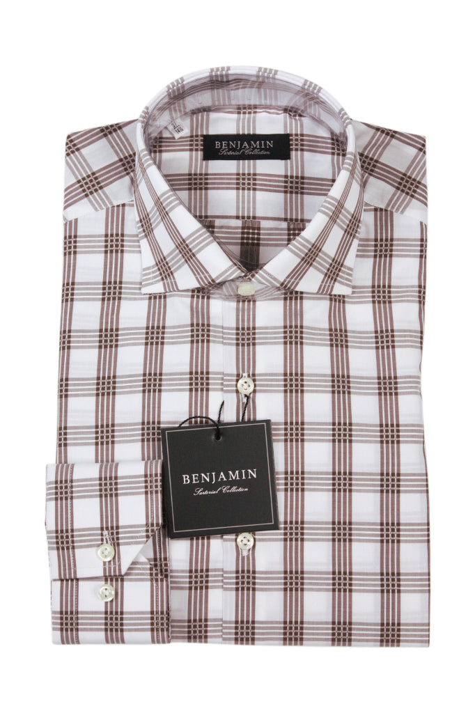 Benjamin Dress Shirt: White with brown plaid, medium spread collar, pure cotton