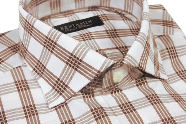 Benjamin Dress Shirt: White with brown plaid, medium spread collar, pure cotton