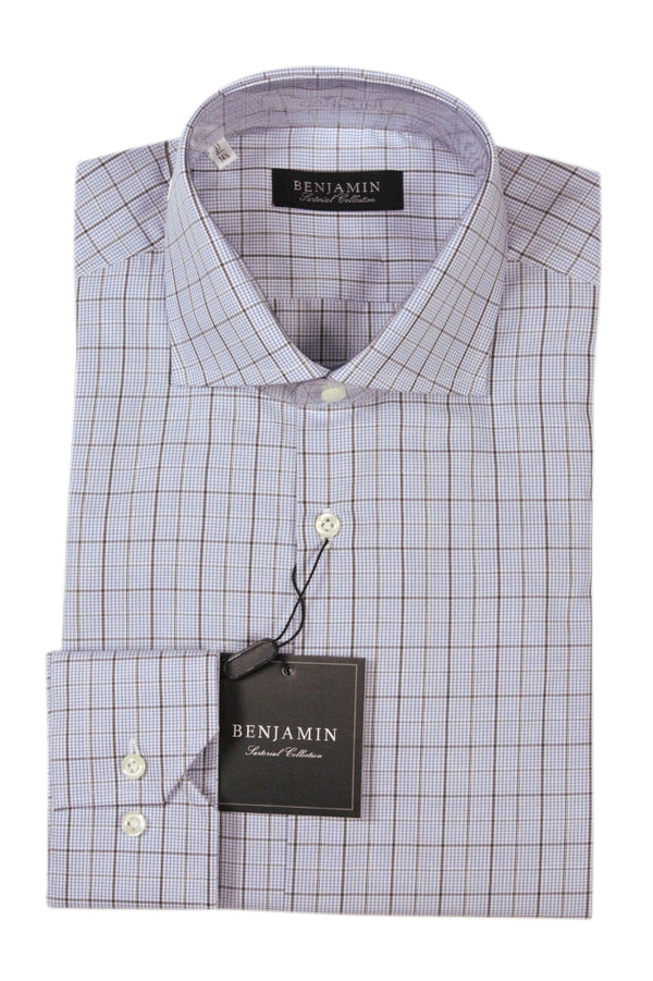 Benjamin Dress Shirt: Blue, Taupe Plaid