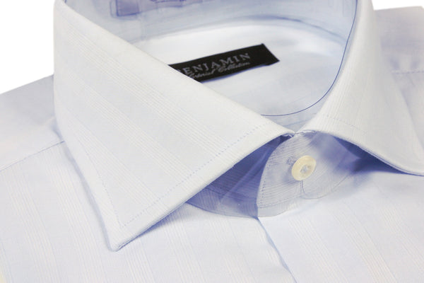 Benjamin Dress Shirt: Sky blue soft ribbon stripe, medium spread collar, pure cotton