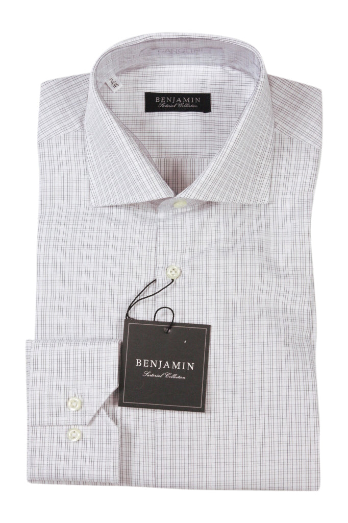 Benjamin Dress Shirt: White with grey micro plaid, medium spread collar, pure cotton