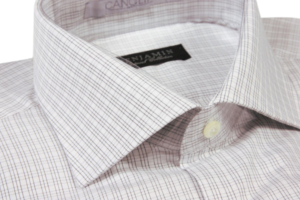 Benjamin Dress Shirt: White with grey micro plaid, medium spread collar, pure cotton