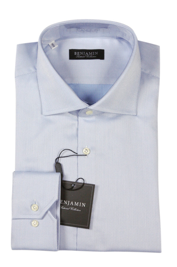 Benjamin Dress Shirt: Light blue with micro circle pattern, medium spread collar, pure cotton