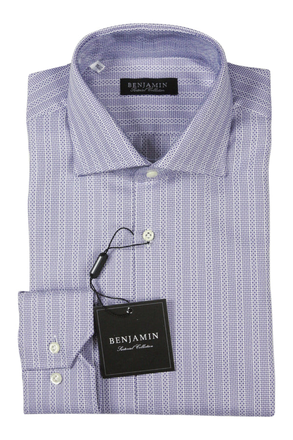 Benjamin Dress Shirt: White with periwinkle fancy stripe, medium spread collar, pure cotton