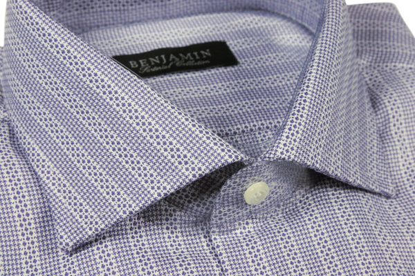 Benjamin Dress Shirt: White with periwinkle fancy stripe, medium spread collar, pure cotton