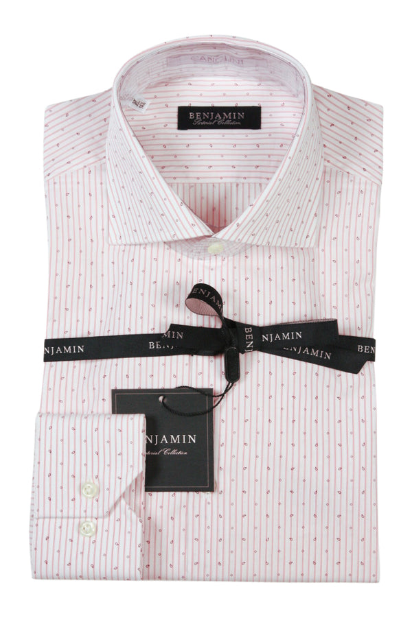 Benjamin Dress Shirt: White with pink stripes & wine paisleys, medium spread collar, pure cotton