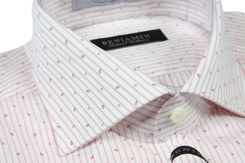 Benjamin Dress Shirt: White with pink stripes & wine paisleys, medium spread collar, pure cotton