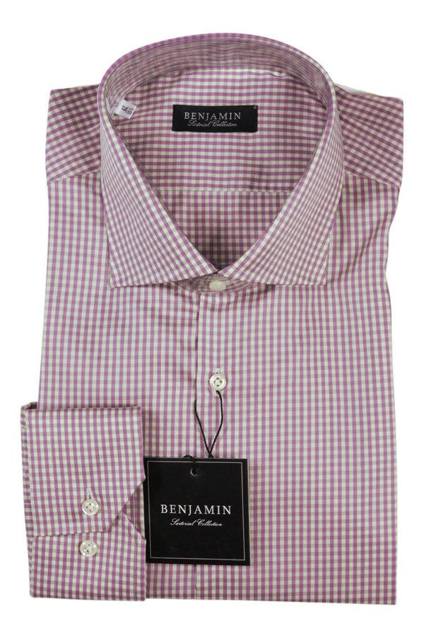 Benjamin Dress Shirt: Yellow-green & wine gingham check, medium spread collar, pure cotton