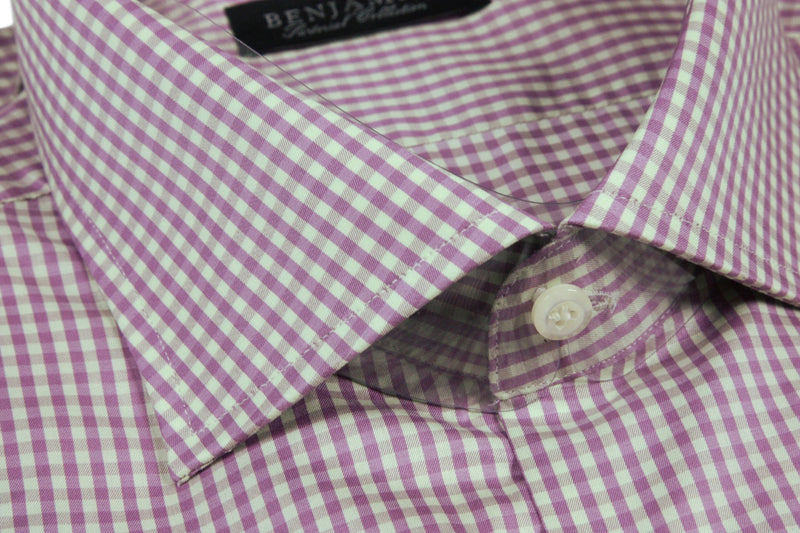 Benjamin Dress Shirt: Yellow-green & wine gingham check, medium spread collar, pure cotton