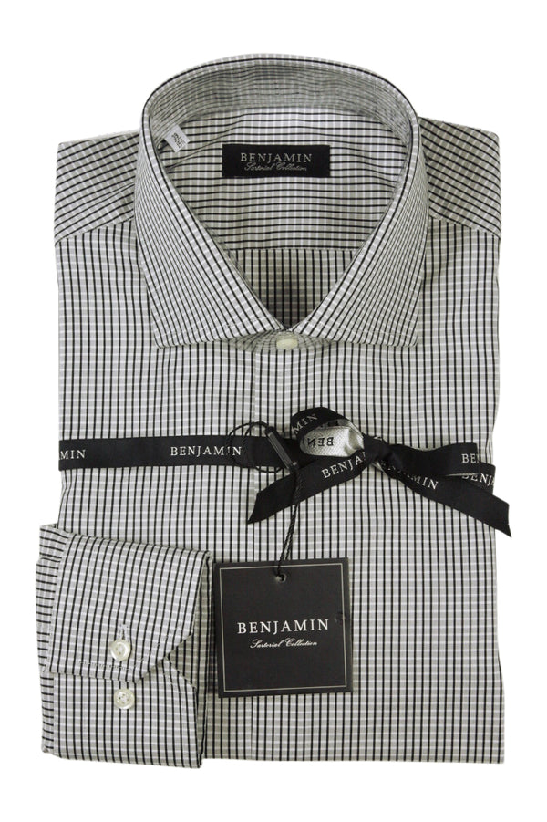 Benjamin Dress Shirt: White with black & grey mini plaid, medium spread collar, pure cotton