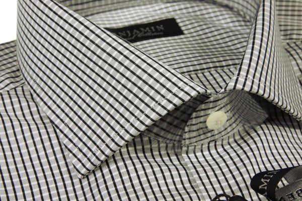 Benjamin Dress Shirt: White with black & grey mini plaid, medium spread collar, pure cotton