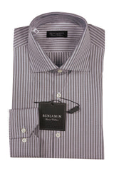 Benjamin Dress Shirt: Pale Blue with taupe railroad track stripes, medium spread collar, pure cotton