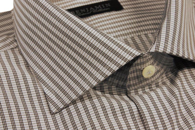 Benjamin Dress Shirt: Pale Blue with taupe railroad track stripes, medium spread collar, pure cotton