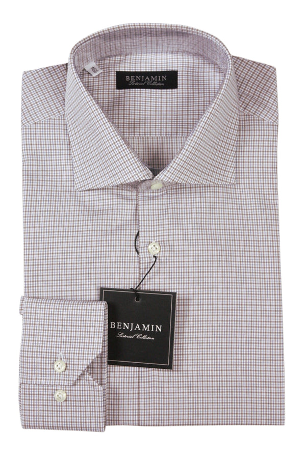 Benjamin Dress Shirt: White with brown & navy plaid, medium spread collar, pure cotton