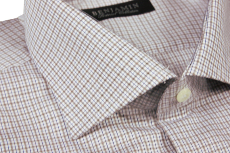 Benjamin Dress Shirt: White with brown & navy plaid, medium spread collar, pure cotton
