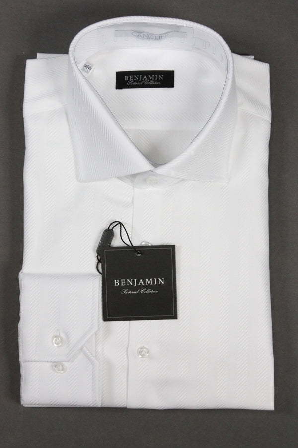 Benjamin Dress Shirt: White wide tonal stripe, medium spread collar, pure cotton