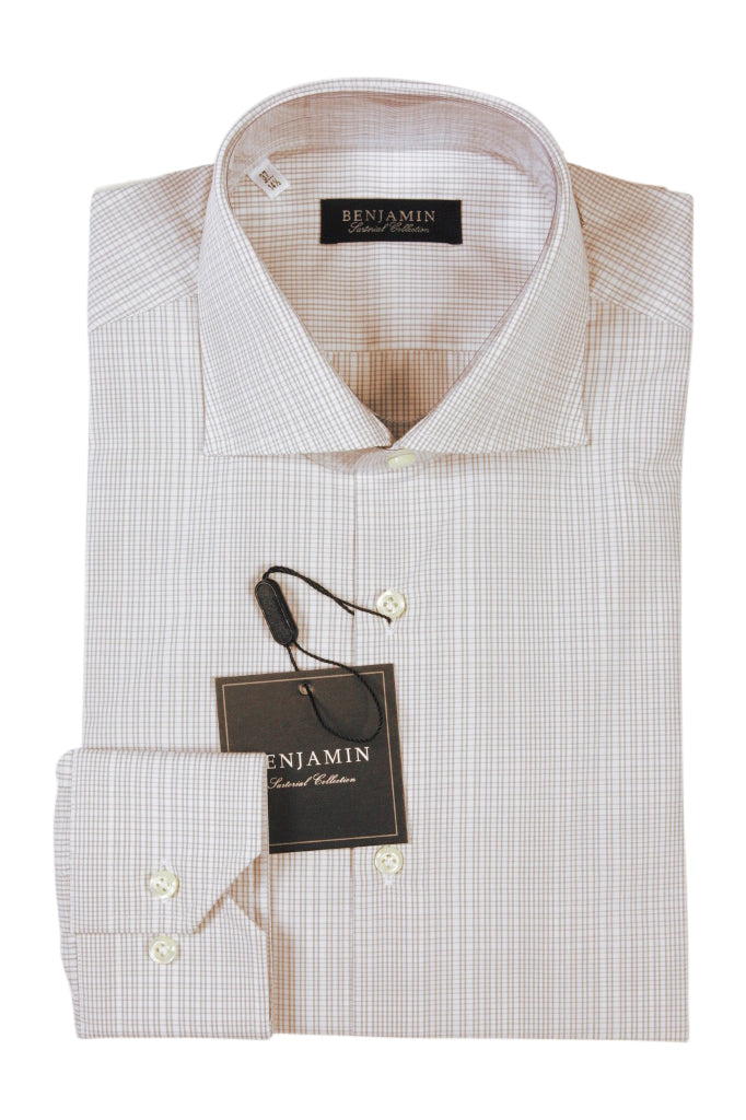 Benjamin Dress Shirt: White with beige plaid , medium spread collar, pure cotton