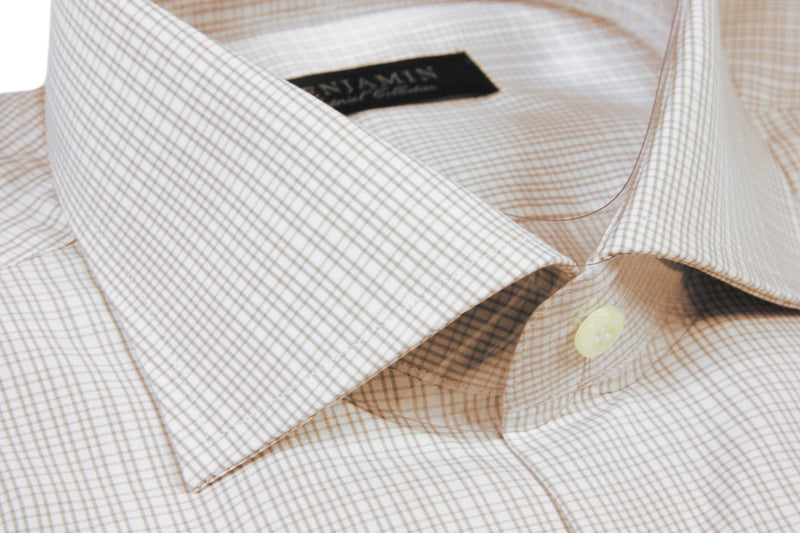 Benjamin Dress Shirt: White with beige plaid , medium spread collar, pure cotton