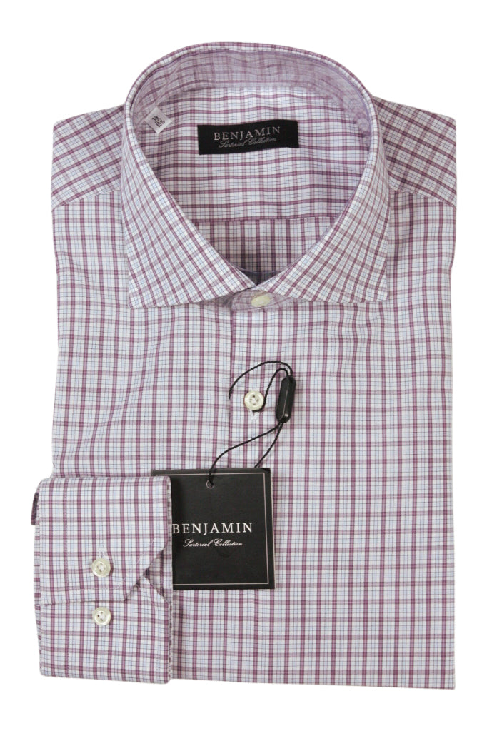Benjamin Dress Shirt: White with sky blue & wine plaid, medium spread collar, pure cotton