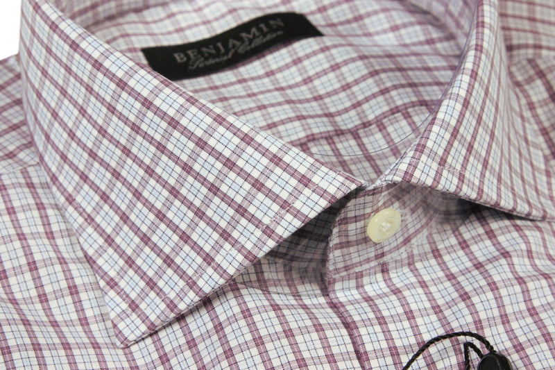 Benjamin Dress Shirt: White with sky blue & wine plaid, medium spread collar, pure cotton