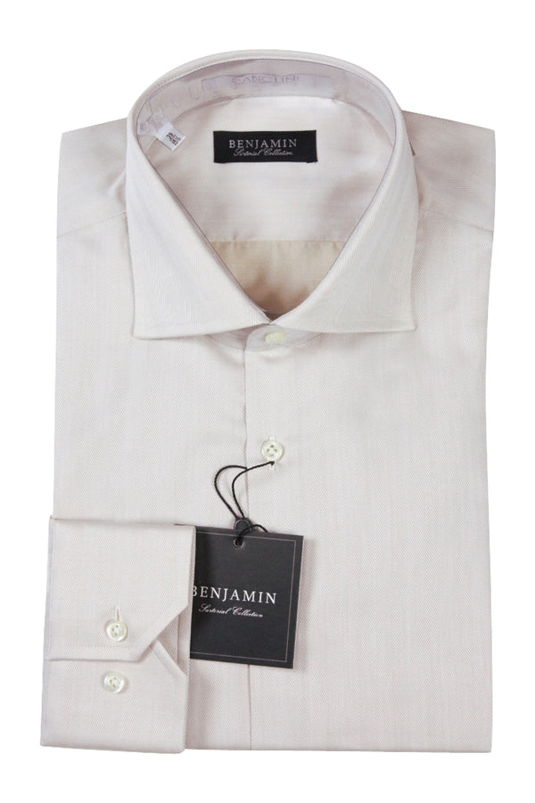 Benjamin Dress Shirt: Beige herringbone, medium spread collar, pure cotton