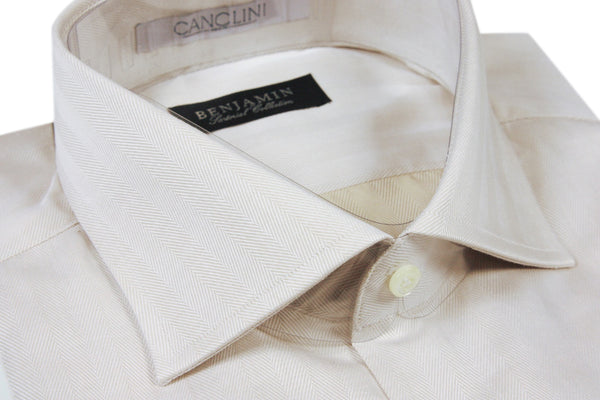 Benjamin Dress Shirt: Beige herringbone, medium spread collar, pure cotton