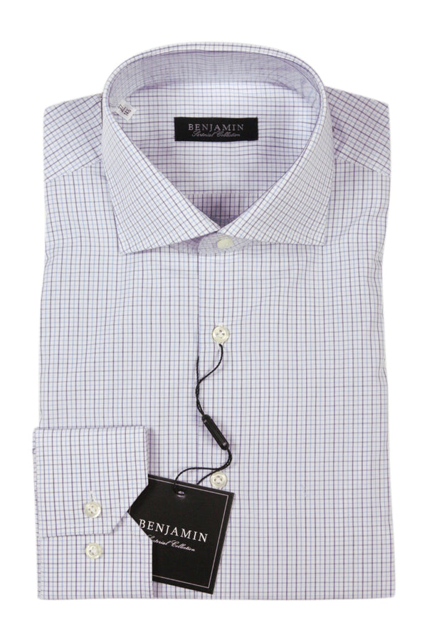 Benjamin Dress Shirt: White with navy & sky blue tattersall, medium spread collar, pure cotton