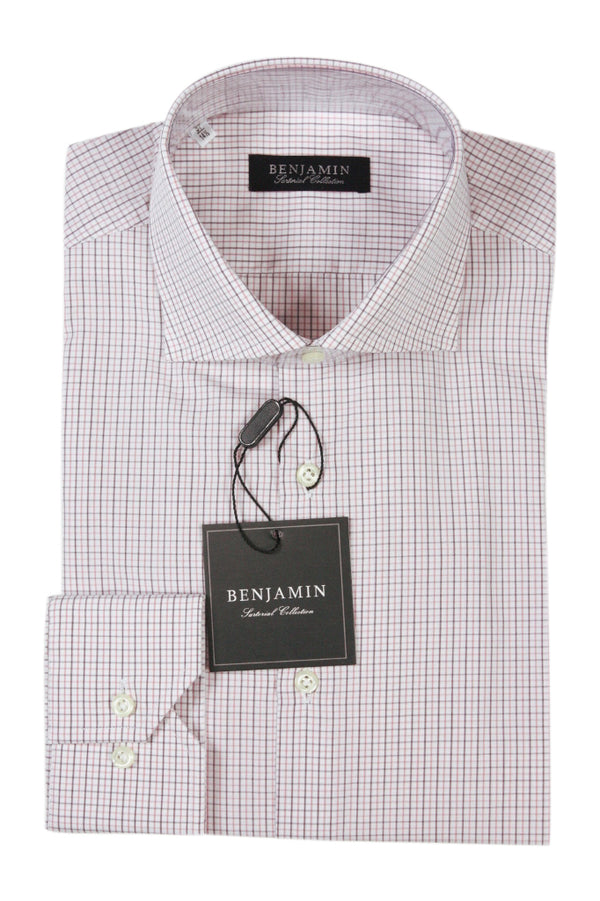 Benjamin Dress Shirt: White with rose & wine tattersall plaid, medium spread collar, pure cotton