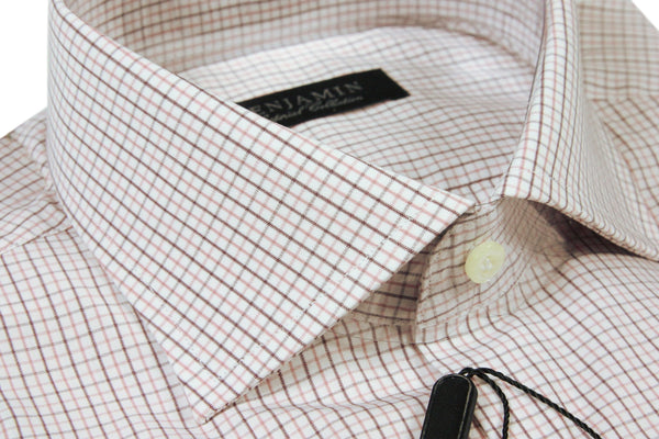 Benjamin Dress Shirt: White with rose & wine tattersall plaid, medium spread collar, pure cotton