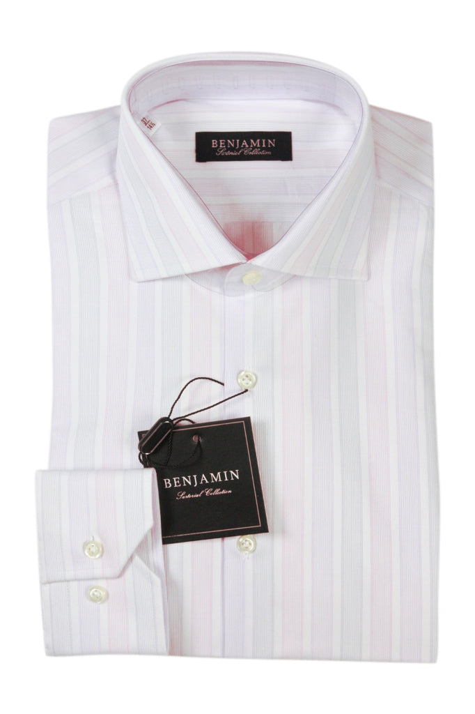 Benjamin Dress Shirt: White with soft pink and lavender stripes, medium spread collar, pure cotton