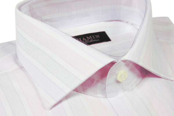 Benjamin Dress Shirt: White with soft pink and lavender stripes, medium spread collar, pure cotton