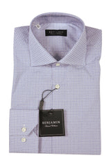 Benjamin Dress Shirt: White with fancy blue plaid, medium spread collar, pure cotton