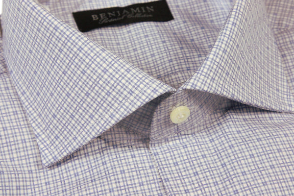 Benjamin Dress Shirt: White with fancy blue plaid, medium spread collar, pure cotton