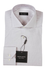 Benjamin Dress Shirt: White with black micro plaid & jacquard stripe, medium spread collar, pure cotton