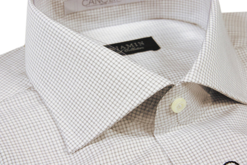 Benjamin Dress Shirt: White with black micro plaid & jacquard stripe, medium spread collar, pure cotton