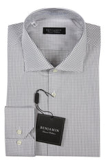 Benjamin Dress Shirt: White with black & grey tattersall plaid, medium spread collar, pure cotton