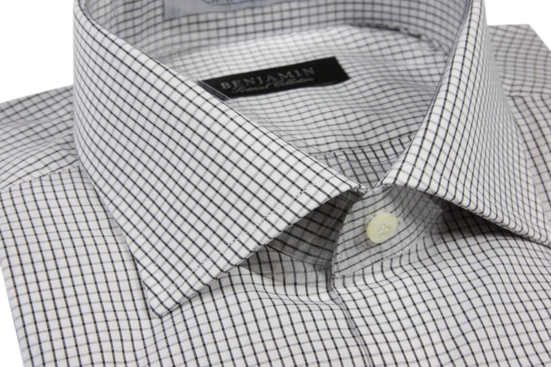 Benjamin Dress Shirt: White with black & grey tattersall plaid, medium spread collar, pure cotton