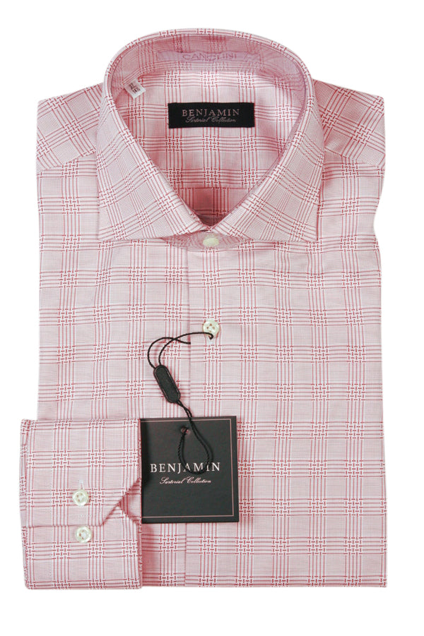 Benjamin Dress Shirt: White with fancy red plaid, medium spread collar, pure cotton