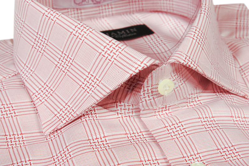 Benjamin Dress Shirt: White with fancy red plaid, medium spread collar, pure cotton