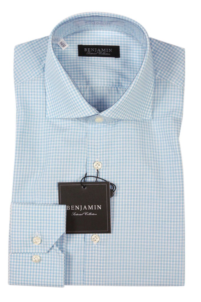 Benjamin Dress Shirt: White &bright blue plaid, medium spread collar, pure cotton