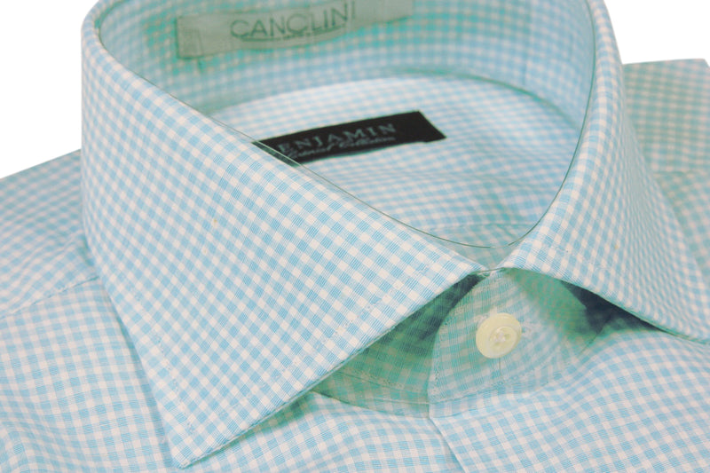 Benjamin Dress Shirt: White &bright blue plaid, medium spread collar, pure cotton