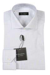 Benjamin Dress Shirt: White with fancy navy & blue tattersall plaid, medium spread collar, pure cotton